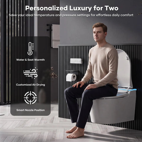 Man seated on Hands Free Foot Operated Wall Mount Smart Toilet With Automatic Bidet Heated Seat Touchless Auto Flush, showcasing settings.