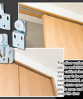 12 Piece Sliding Closet Door Roller Kit For Top Hung Bypass Wardrobe Doors With Three Quarter Inch Wheels In Two Offsets One Half Inch And Three Eighths Inch And Seven Eighths Inch Nylon Wheels With One Half Inch Offset shown installed in wood closet