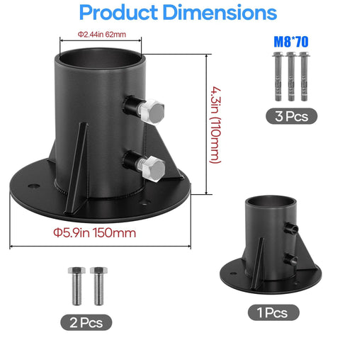 Diagram showing Beefy Heavy Duty Round Fence Post Base Plate and Floor Flange dimensions for 2-3/8 inch chain link post.