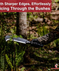 Person using Pathfinder Scythe Style Machete Heavy Duty Carbon Steel Outdoor Tool With Durable Grip in forest