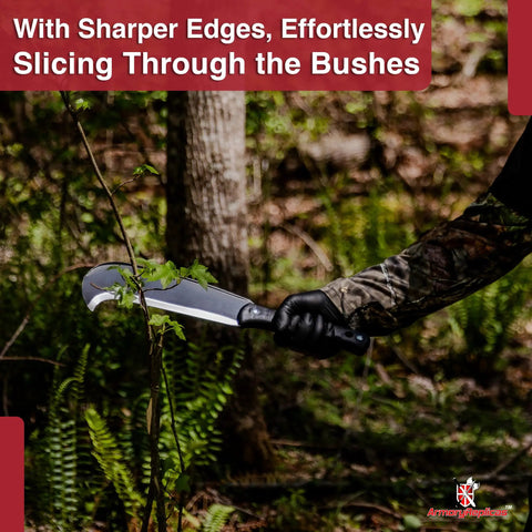 Person using Pathfinder Scythe Style Machete Heavy Duty Carbon Steel Outdoor Tool With Durable Grip in forest