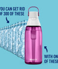 Hard Sided Premium Filtering Water Bottle 36 Oz BPA Free And Reusable Reduces Chlorine Taste And Odor Filter Lasts Up To 2 Months Or 40 Gallons Includes One Filter Orchid Color Hydration On The Go in front of plastic bottles