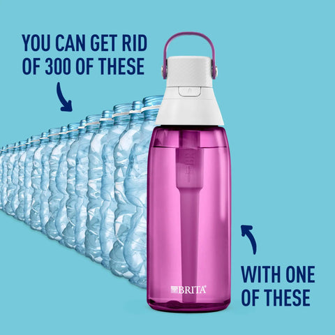 Hard Sided Premium Filtering Water Bottle 36 Oz BPA Free And Reusable Reduces Chlorine Taste And Odor Filter Lasts Up To 2 Months Or 40 Gallons Includes One Filter Orchid Color Hydration On The Go in front of plastic bottles
