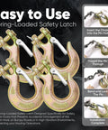 Top Shelf Heavy Duty Grade 70 Steel Clevis Slip Hooks With Secure Safety Latch 5/16 Inch Chain Hook Set showcasing spring-loaded safety latches.