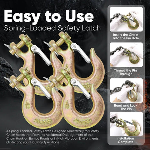 Top Shelf Heavy Duty Grade 70 Steel Clevis Slip Hooks With Secure Safety Latch 5/16 Inch Chain Hook Set showcasing spring-loaded safety latches.
