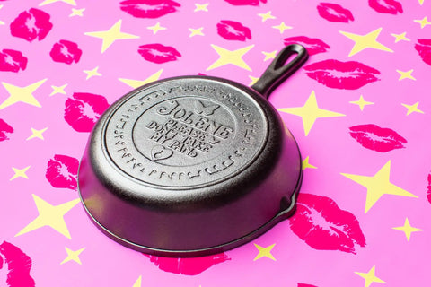 Jolene Inspired Dolly Parton Cast Iron Skillet Collectible Frying Pan With Signature Design on pink background