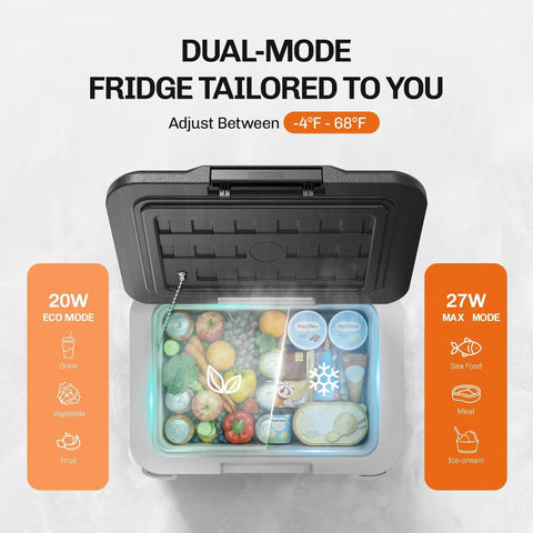 12V Portable Car Refrigerator 11 Quart Electric Cooler For Trucks And RVs, open view with assorted food items inside