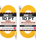 Heavy Duty 10 Gauge Outdoor Extension Cord 10 Ft Two Pack Yellow SJTW Weatherproof 3 Prong 15 Amp Power Cable
