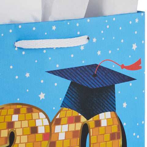 Medium Year Dated Graduation Gift Bag With Tissue Paper Blue Gift Bag Featuring Class of 2026 With Gold Disco Ball And Stars 9 Inch Size For High School College And University, close-up of design with graduation cap