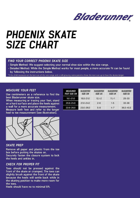 Bladerunner Phoenix skate size chart with instructions and foot measurement illustrations