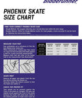 Phoenix skate size chart with measurement guide and fitting instructions by Bladerunner