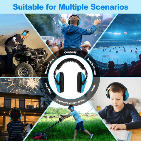 12 Pack Kids Noise Cancelling Headphones For Ear Protection shown in various scenarios like concerts and fireworks.