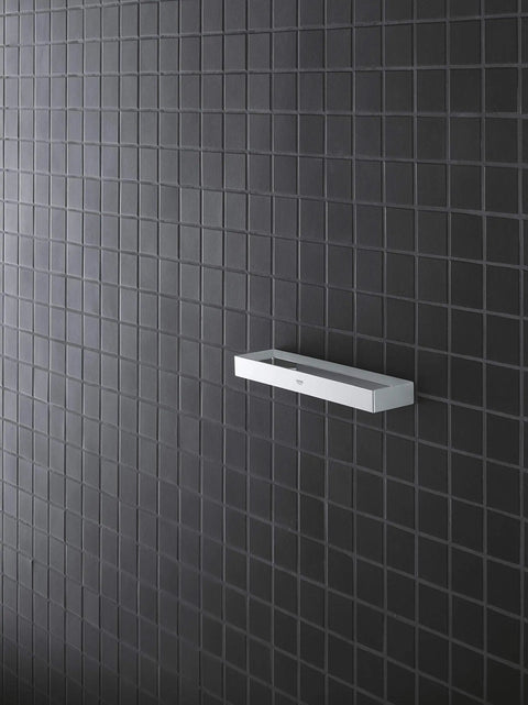 Selection Cube Towel Ring In Starlight Chrome Finish No Fuss QuickFix Mounting With Hidden Screws, installed on a dark tiled wall