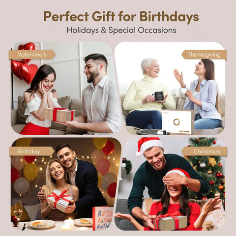 Collage showing Smart Coffee Mug Warmer Set Keeps Your Brew Hot All Day With Real Time Temperature Readout for various occasions.