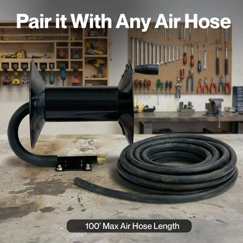 Retractable Air Hose Reel With Hand Crank, 3/8 Inch FNPT, 100 Feet, Built Like A Tank, Heavy Duty Steel Frame on workbench