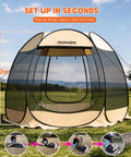 Pop Up Gazebo Screen House Tent With Mosquito Netting For 6 To 8 People, portable 10x10 ft canopy, shown set up in a field.