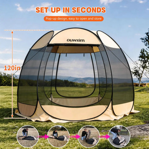Pop Up Gazebo Screen House Tent With Mosquito Netting For 6 To 8 People, portable 10x10 ft canopy, shown set up in a field.