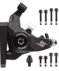 Rear Flat Mount Mechanical Disc Brake Caliper with dual piston action and bolts, fits 140mm or 160mm rotors, durable black paint.