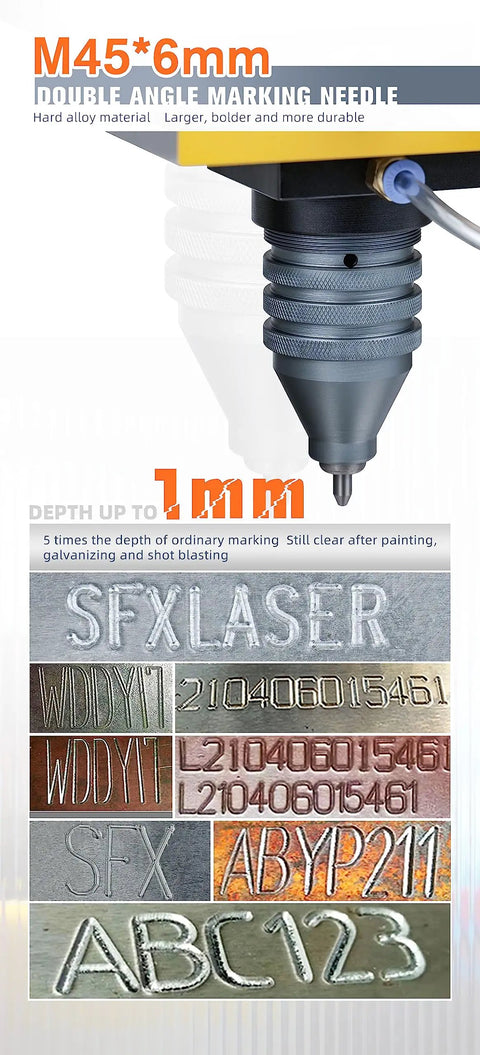 Close-up of engraving needle on Metal Dot Peen Marking Machine for serial numbers with 150x80mm marking area