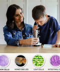 Kids Beginner Microscope Kit With 1200X Magnification, 48 Piece Set with boy using microscope and woman guiding, slides shown