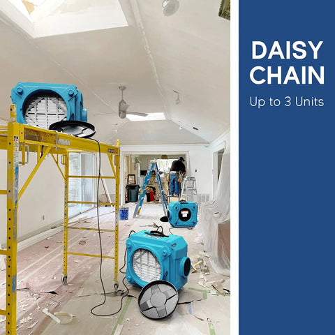 Heavy Duty Air Scrubber With Three Stage Filtration And Hepa Clean Shield Tech Packs positioned on scaffolding in a renovation space.