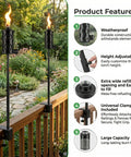 6 Pack Garden Torch With Universal Clamp, 16 Oz Citronella Oil Outdoor Torches installed on fence with product features listed.