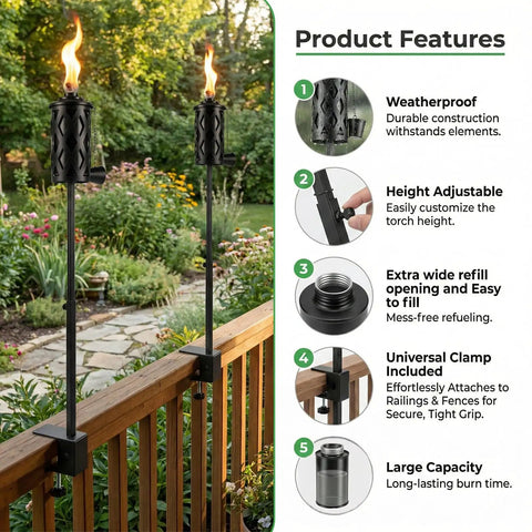 6 Pack Garden Torch With Universal Clamp, 16 Oz Citronella Oil Outdoor Torches installed on fence with product features listed.