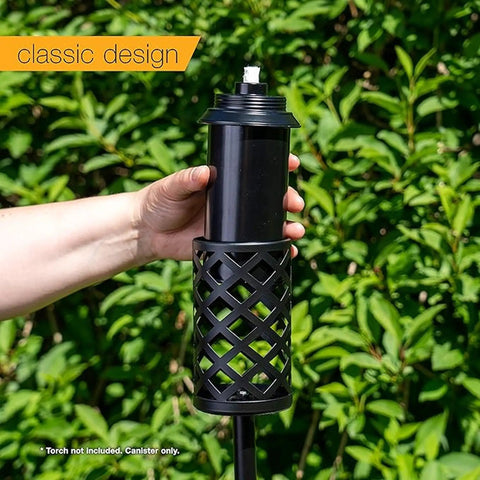 Replacement 12 Oz Tiki Torch Canister With Snuffer Cap Attached Easy Fill Aluminum Metal Torch Fuel Canister Perfect For Tiki Torches Missing Caps 1 Pack shown in hand against greenery