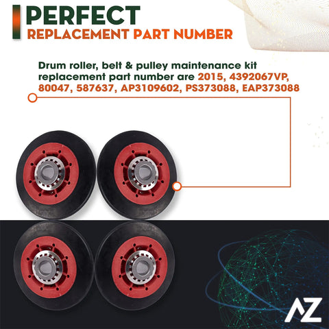 Must Have Dryer Repair Kit With Belt, Drum Rollers And Idler Pulley For 3000 Series Dryers, showing replacement drum rollers