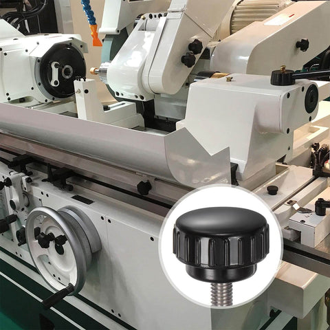 4 Pcs Knurled Clamping Knobs M6 X 16mm, 304 Stainless Steel Thumb Screws On Type With 25mm Plastic Round Head, Black Finish, shown on machinery.