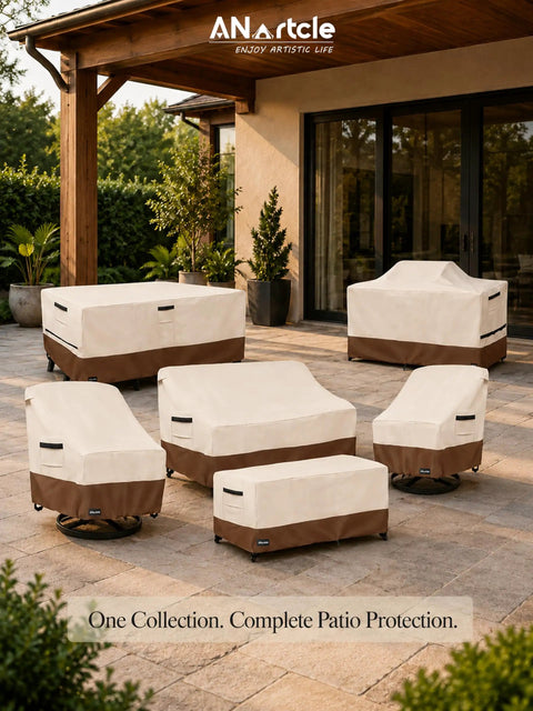Outdoor Swivel Lounge Chair Cover 2 Pack Heavy Duty 600D Waterproof Patio Furniture Covers shown on various chairs in a patio.
