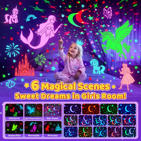 Child gazing at colorful projected night sky with unicorns and butterflies using Kids Star Projector For Bedroom With Bluetooth Music, 360 Degree Rotating Night Light, Auto Timer, Remote Control, Four Color Options Red Yellow Green Blue That Pop, Perfect Gift For Boys And Girls, Creates Dreamy Night Sky.
