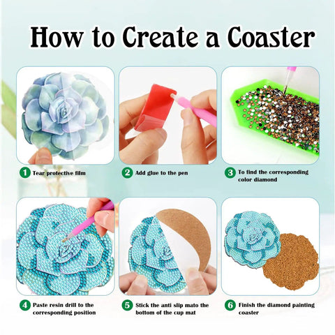 Step-by-step guide for creating a Succulent Diamond Art Coaster Set With Holder And Cork Bases, 8 Piece Flower Diamond Painting Coaster Kit For Beginners And Adults, DIY Home Decor Gift With Pen, Tray, Glue And Diamonds.