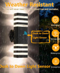 Image showing Two Pack Dusk To Dawn Exterior Wall Lights With Auto On Off Sensor, illuminated in rain, highlighting weatherproof features.