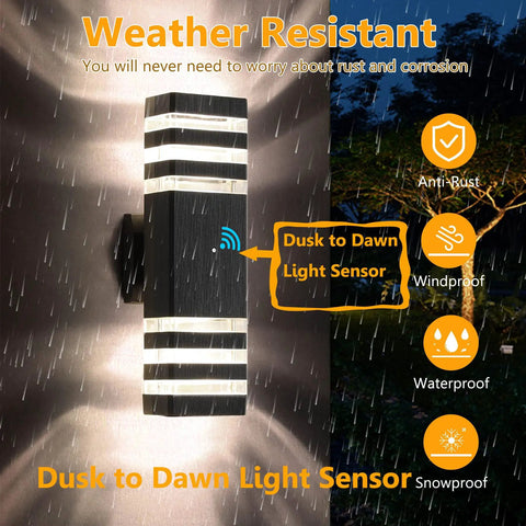 Image showing Two Pack Dusk To Dawn Exterior Wall Lights With Auto On Off Sensor, illuminated in rain, highlighting weatherproof features.