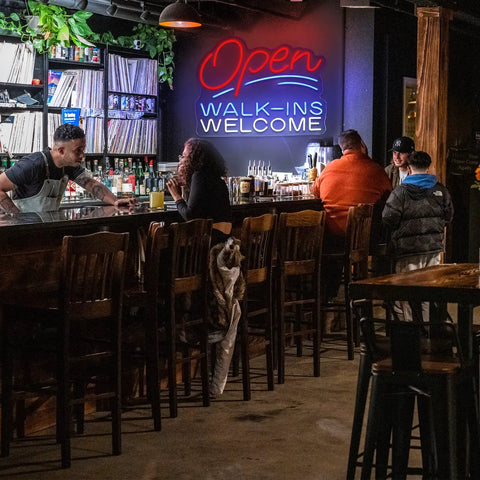 Open Walk Ins Welcome Neon Sign With Dimmable LED Eye Catching Lit Bright Red Light in a bar setting, 60x45cm Acrylic Backboard