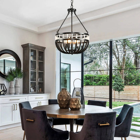 Dining room with Boho Beaded Chandelier With Five Lights 16 Inch Black And White Modern Farmhouse Wood Bead Pendant Lighting