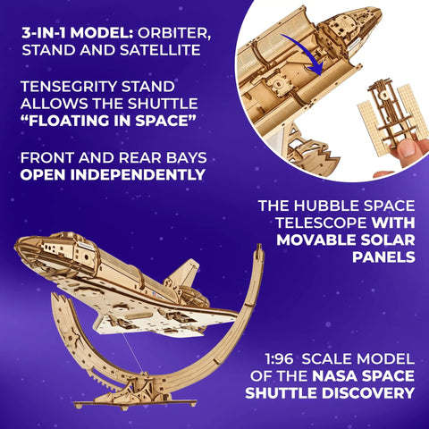 NASA Space Shuttle Discovery 3D Puzzle Kit Mechanical Model With Realistic Details Hands On Build For Adults And Kids Fun Educational Space Toy For STEM Fans Eight Point Nine Inch Tall When Assembled, wood 1:96 scale