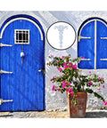 Decorative Zinc Alloy Tee Hinge White Finish T Strap Hinges for blue door and window, includes screws, garden scene with flowers