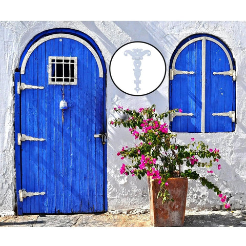 Decorative Zinc Alloy Tee Hinge White Finish T Strap Hinges for blue door and window, includes screws, garden scene with flowers