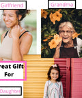 Collage showing women labeled 'Girlfriend' and 'Grandma', and a girl labeled 'Daughter' as great gift recipients