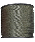 Olive green spool of 250 Ft Tree Tie Strap For Staking And Guying, 1800 Lb Strength, Made In USA, showing webbing texture.