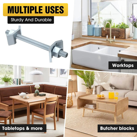 Heavy Duty Countertop Joint Connectors And Butcher Block Draw Bolts For Rock Solid Furniture Assembly No Sweat Installation Woodworker Hardware Kit Silver And Ten Pieces, showing 5/16 by 3 1/2 inch bolt with uses in furniture.