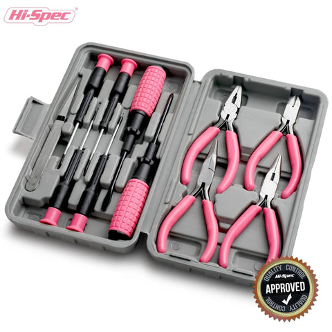 11 Piece Pink Womens Compact Crafts And Home DIY Tool Kit Set With Pliers Cutters And Precision Screwdrivers For Ladies Ideal For Quick Home Repairs And Craft Projects in grey case