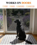 Black dog sitting by Pet Proof Window And Door Screen Replacement Mesh 60 By 96 Inches Heavy Duty Vinyl Coated Polyester For Dogs And Cats