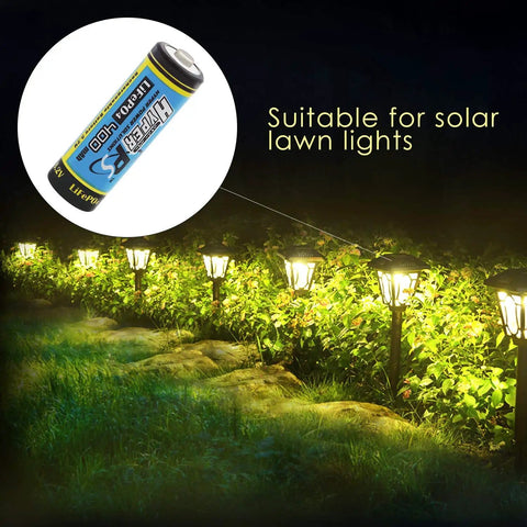 Four Pack LiFePO4 3.2V 14430 Rechargeable Batteries 400mAh 14 By 43mm 4 To 5 AA Size For Solar Panel Lights image with night garden