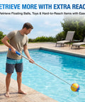 Man using Telescoping Pickup Tool With Magnetic Pole And Dual Hooks 10 Ft Extendable Reach Pole to retrieve ball from pool