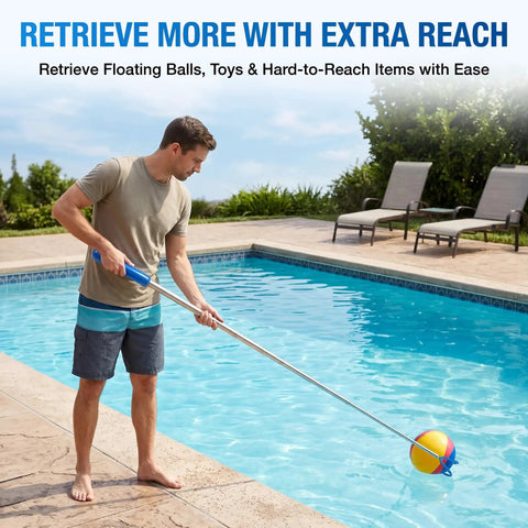 Man using Telescoping Pickup Tool With Magnetic Pole And Dual Hooks 10 Ft Extendable Reach Pole to retrieve ball from pool