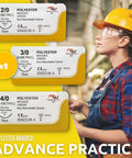 Top Shelf 24 Pack Sterile Suture Threads And Needles For Hands On Practice Medical Demos Taxidermy Sewing Wound Closure Training Nylon And Silk Mix Straight Fire Quality, showing assorted sterilized polyester sutures and a woman in a hard hat.