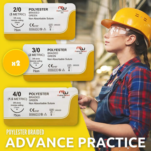Top Shelf 24 Pack Sterile Suture Threads And Needles For Hands On Practice Medical Demos Taxidermy Sewing Wound Closure Training Nylon And Silk Mix Straight Fire Quality, showing assorted sterilized polyester sutures and a woman in a hard hat.